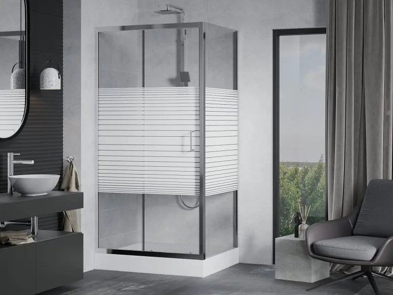 Mexen Apia schuifdouchecabine 100 x 80 cm, witte strepen, chroom + Rio douchebak - 840-100-080-01-20-4510
