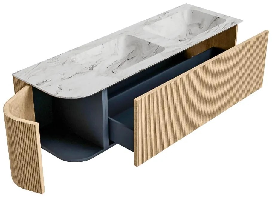 Mondiaz Kurve-dlux 145cm badmeubel ronding links oak met 1 lade en deur en wastafel leaf dubbel/rechts 2 kraangaten glace