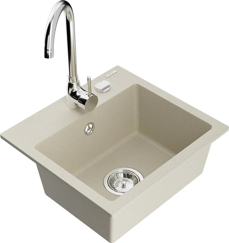 Mexen Milo granieten gootsteen 1-komorige met keukenmengkraan Telma, beige - 6505-69-670200-00