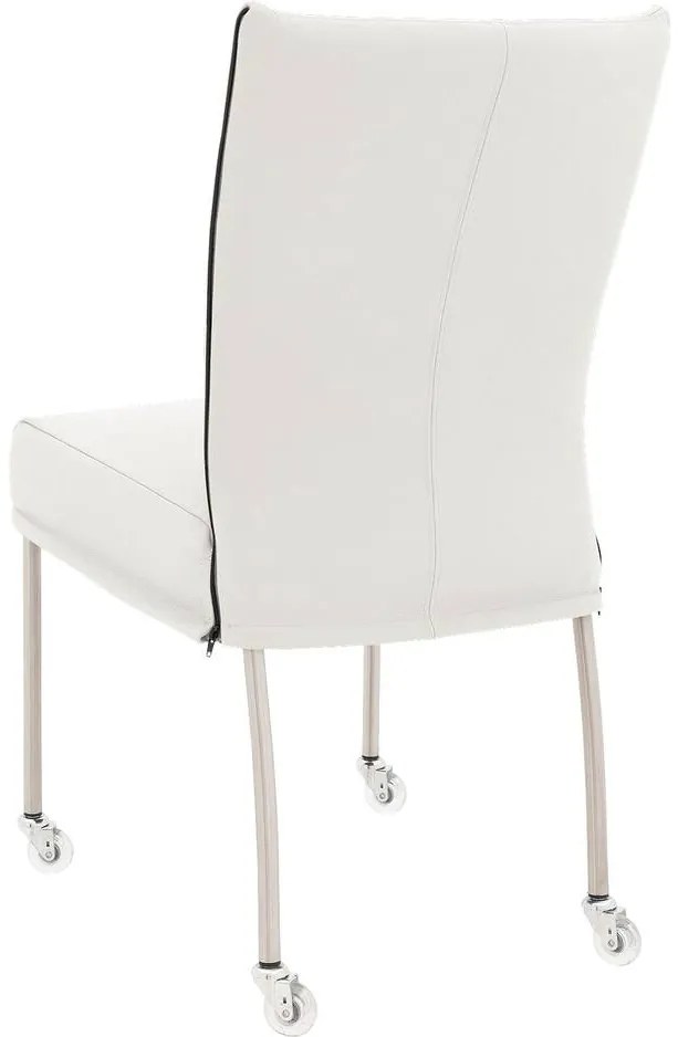 Goossens Eetkamerstoel Funk RVS Poten wit leer leuning en Transparant skater wiel met rvs kapmet wielen, modern design