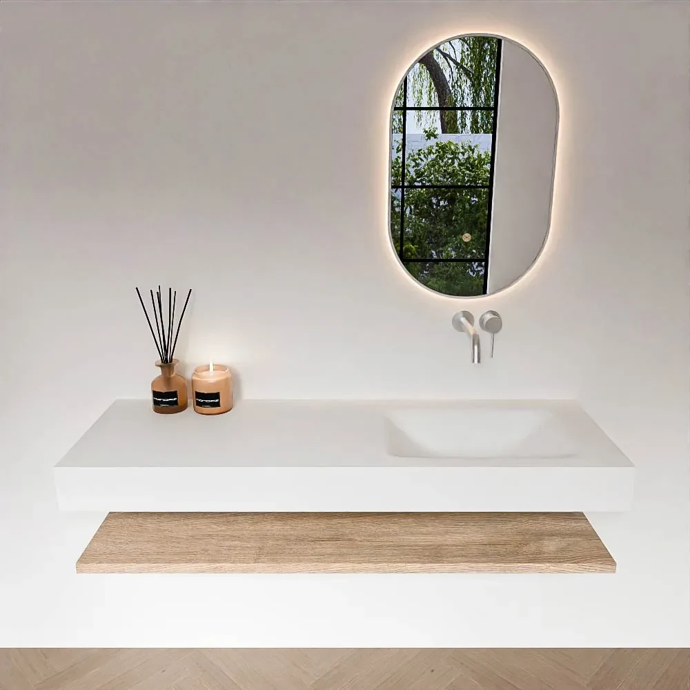 Zaro Alan badmeubel 140cm met planchet washed oak en vrijhangende wastafel cloud rechts zonder kraangat talc