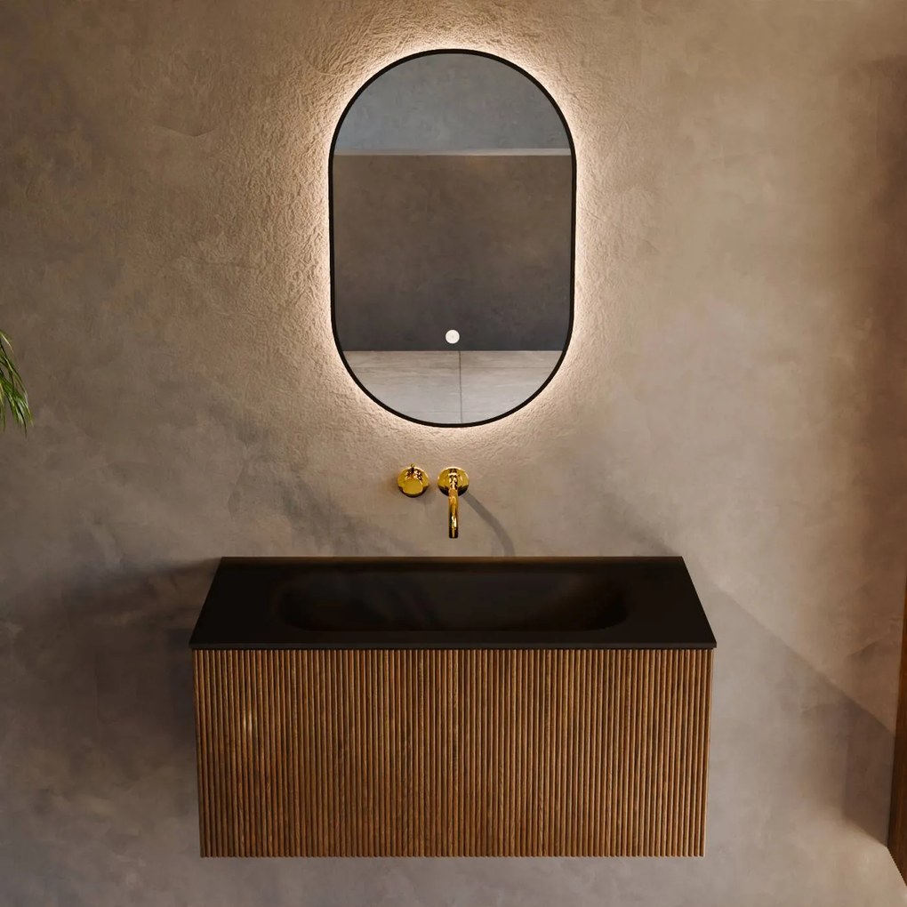 Mondiaz Kurve 90cm badmeubel dusk met 1 lade en wastafel big small midden zonder kraangat urban