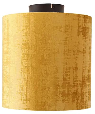 Stoffen Plafondlamp mat zwart velours kap goud 25 cm - Combi Modern E27 cilinder / rond Binnenverlichting Lamp