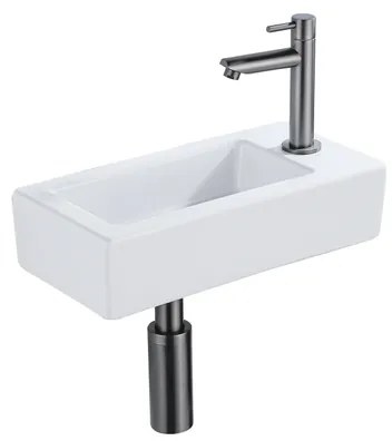 QeramiQ Fuente Fonteinset - 37.5x18.5x9cm - keramiek - kraangat rechts - fonteinkraan gunmetal - afvoerplug - verlaagd sifon - Glans wit SW1122445/SW769487/SW767295/SW696239