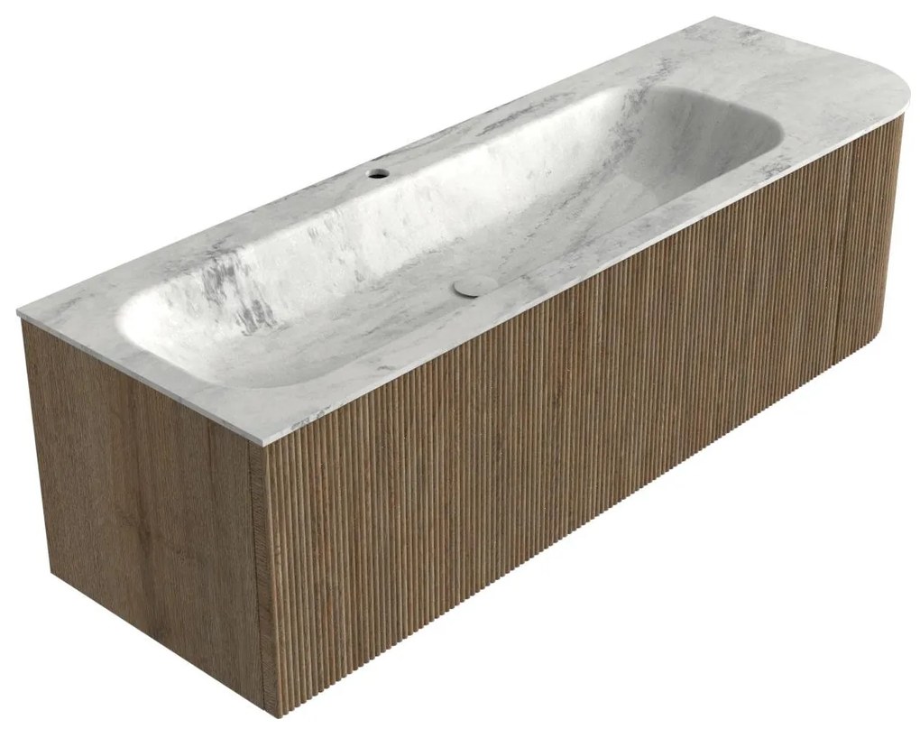 Mondiaz Kurve-dlux 145cm badmeubel ronding rechts dusk met 1 lade en deur en wastafel big large kraangat links opalo