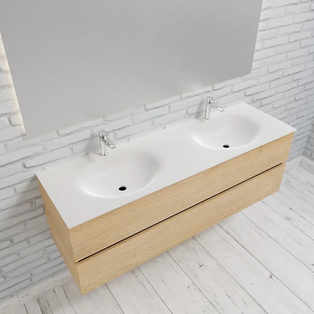 Zaro Sevilla Solid Surface badmeubel 150cm licht eiken 2 kraangaten dubbele spoelbak met 2 lades