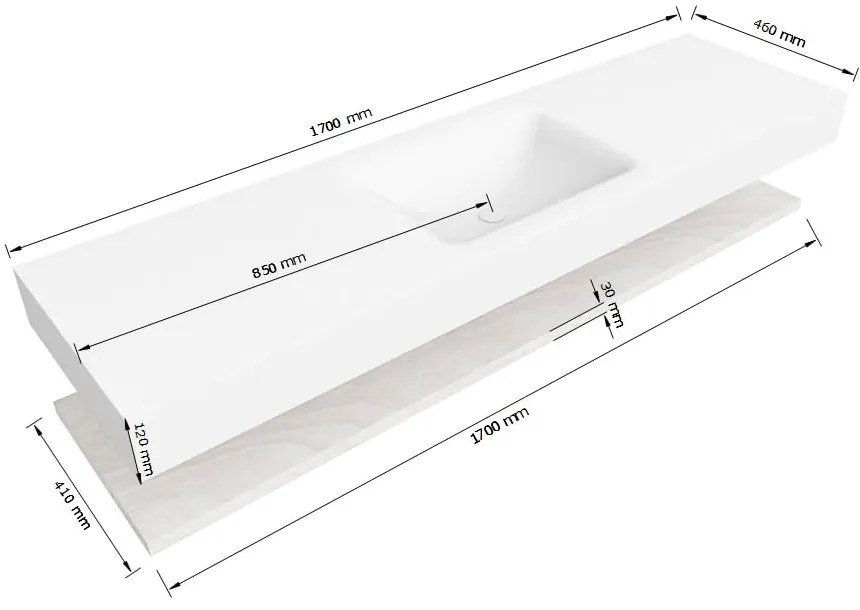Zaro Alan badmeubel 170cm met planchet washed oak en vrijhangende wastafel cloud midden 1 kraangat urban