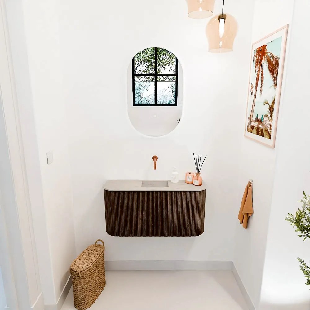 Mondiaz Joya DLux 85cm toiletmeubel ronding links/rechts walnut met wastafel faye midden zonder kraangat opalo