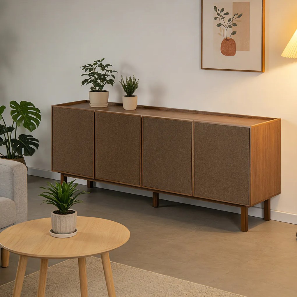 Walnoot Dressoir Met Stoffen Deuren 180 Cm - 180x40x60cm.