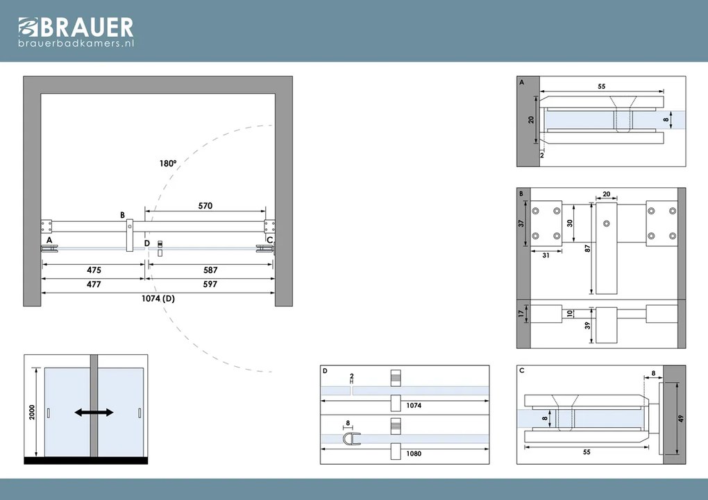 Brauer Void profielloze nisdeur 110cm met draaideur 60cm aan muur chroom