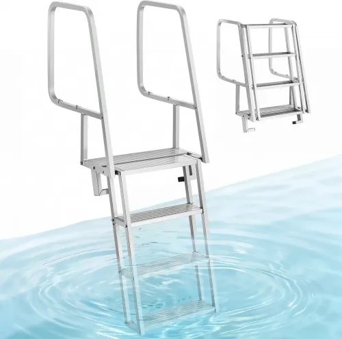 VEVOR opvouwbare aanlegsteigerladder, bootladder met 4 antislip treden, brede pedalen en leuning, draagvermogen 159 kg, aluminiumlegering zwembadladder met trekkoord, toegangsladder voor aanlegsteigers, zwembaden, boten en meren.