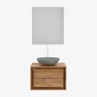 Jabari Teakhouten Badkamermeubelset Teakhout & Rond Grijs Cement Ø40 Cm Tarsis & Rechthoekige Led En Anticondens 60x70 Cm Riben & Wit - Sklum