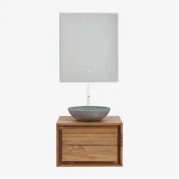 Jabari Zwevend Badkamermeubelset Van Teakhout Teakhout & Rond Grijs Cement Ø40 Cm Tarsis & Rechthoekige Led En Anticondens 60x70 Cm Riben - Sklum