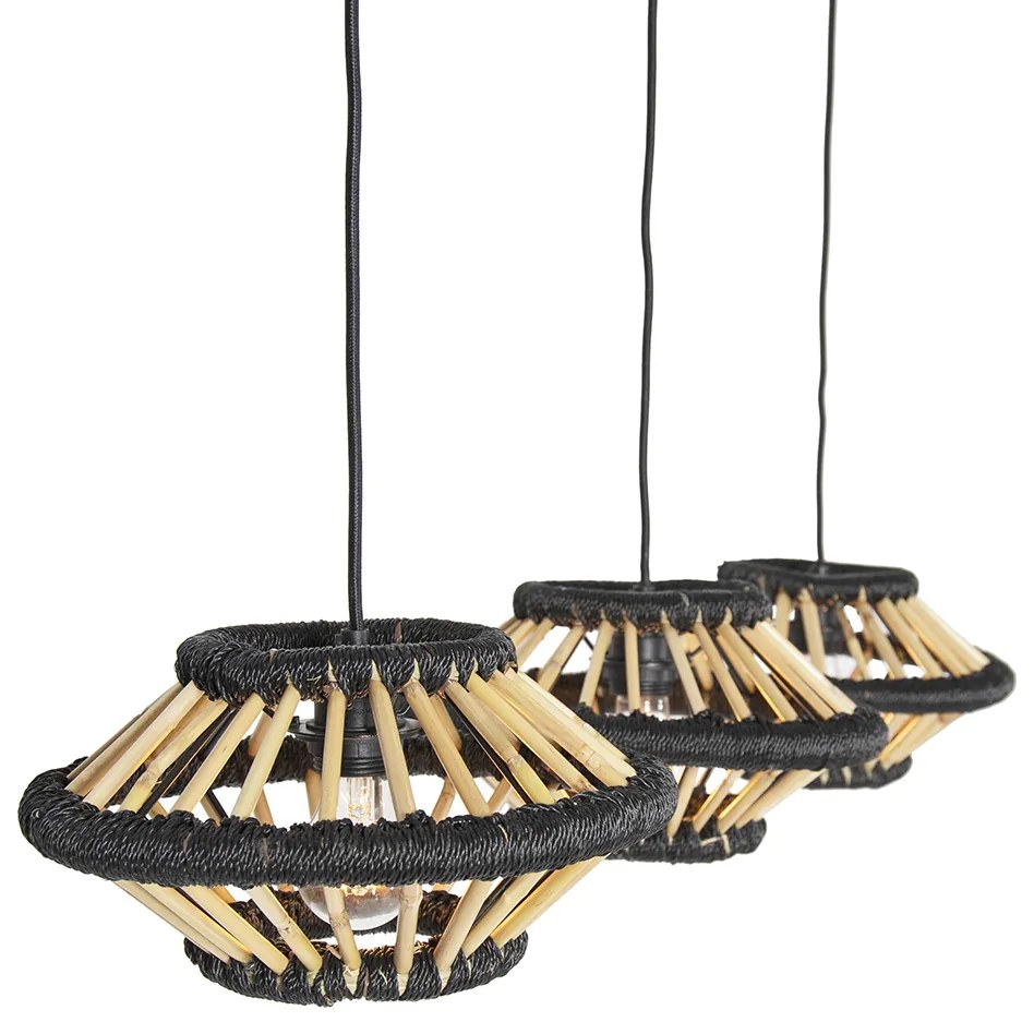 Oosterse hanglamp bamboe met zwart langwerpig 3-lichts - Evalin