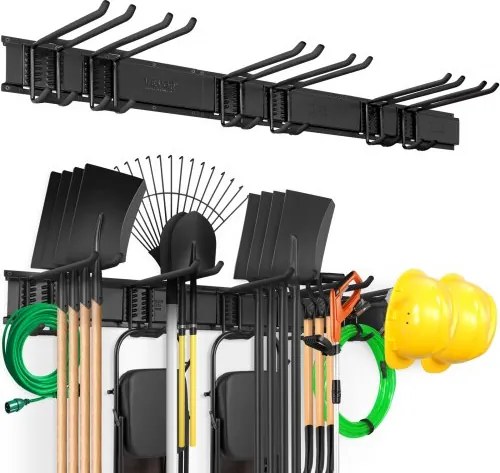 VEVOR Garage Tool Organizer, maximaal draagvermogen van 800 lbs, wandgemonteerde tuinopslagrekorganisatie, zwaar uitgevoerd met 6 verstelbare haken en 3 rails, f<s:1> r tuingereedschap