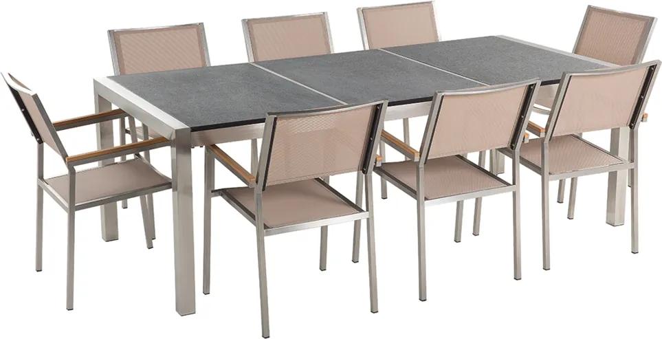 Tuinset gebrand graniet/RVS zwart driedelig tafelblad 220 x 100 cm met 8 stoelen beige GROSSETO