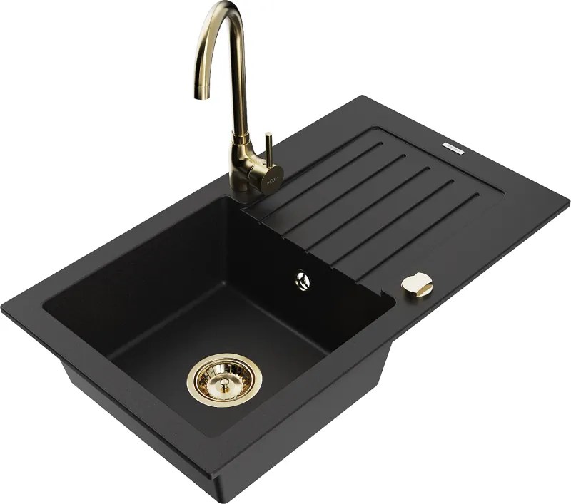 Mexen Pablo granieten spoelbak met 1 bak, druiprek en keukenmengkraan Telma, zwart - 6510-77-670200-50