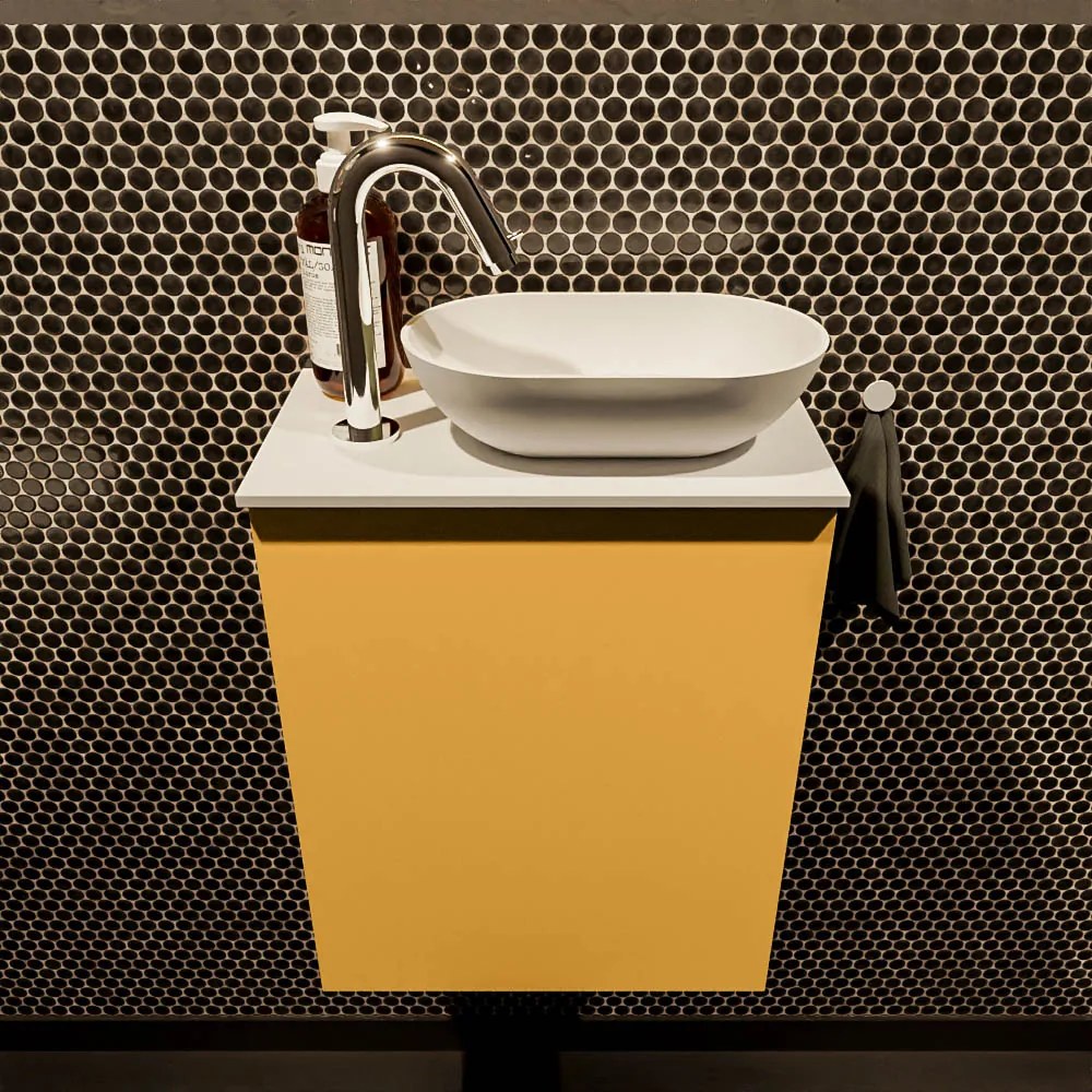 Mondiaz Fowy toiletmeubel 40cm ocher met witte waskom rechts en kraangat