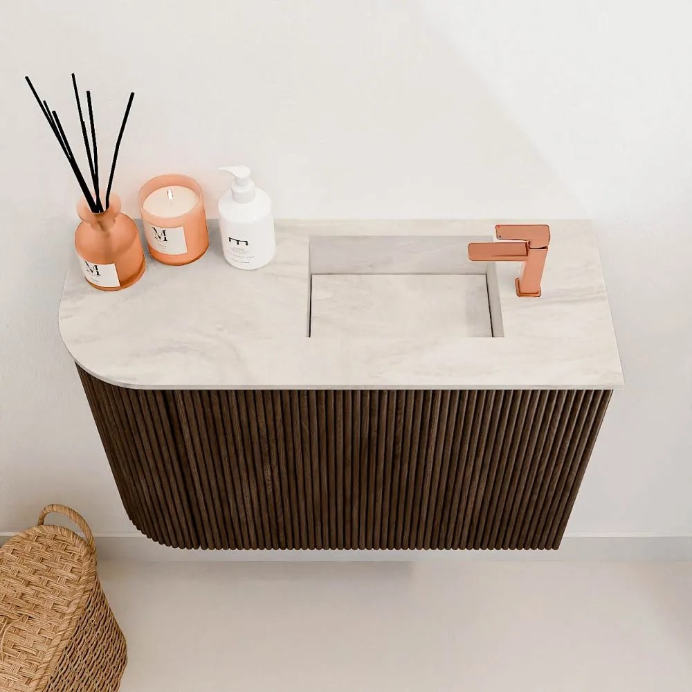 Mondiaz Joya DLux 60cm toiletmeubel ronding links walnut met wastafel faye rechts 1 kraangat ostra