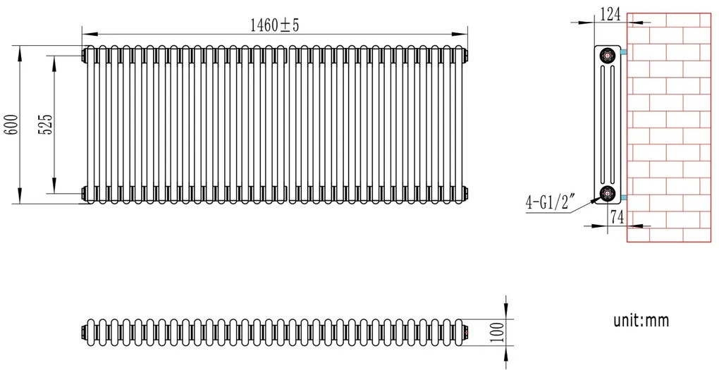 Eastbrook Rivassa 3 koloms radiator 145x60cm staal 2609W antraciet