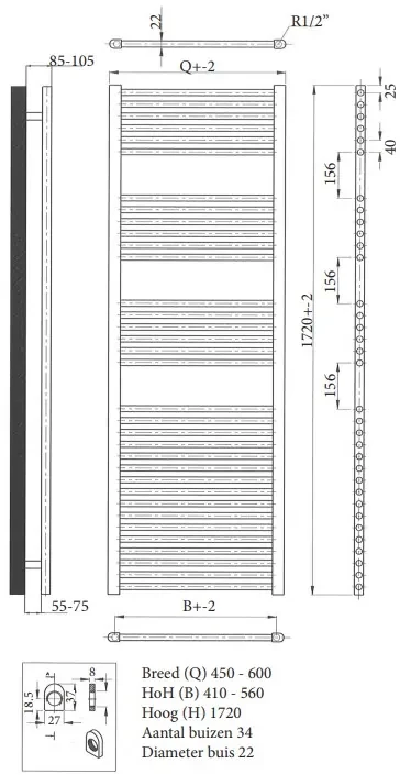 Sanicare design handdoekradiator 45x172cm wit