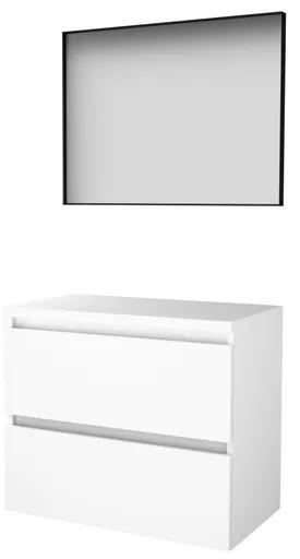 Basic-Line Framed 46 badkamermeubelset - 80x46cm - greeploos - 2 lades - wastafelblad - Spiegel - mat zwart aluminium frame - rondom - MDF lak Ice White 1813498