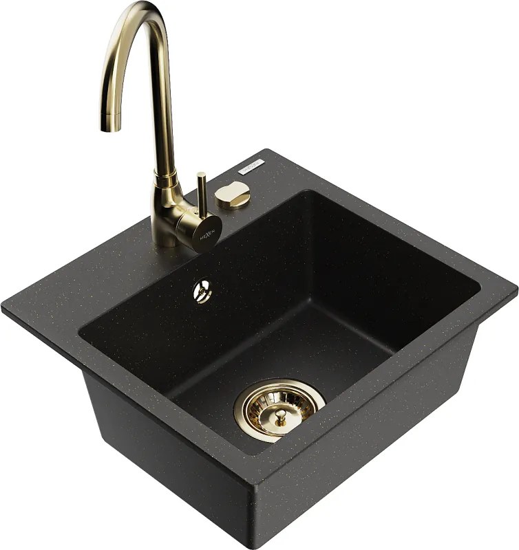 Mexen Milo granieten spoelbak 1-komorig met keukenmengkraan Telma, zwart/goud - 6505-75-670200-50