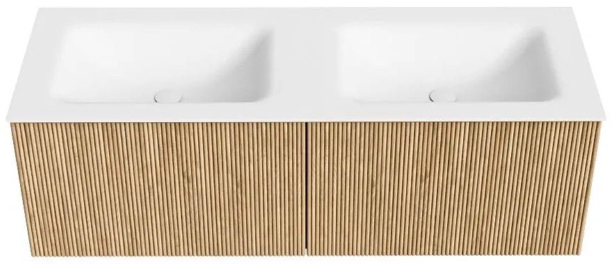 Mondiaz Kurve 130cm badmeubel oak met 2 lades en wastafel cloud dubbel 2 kraangaten