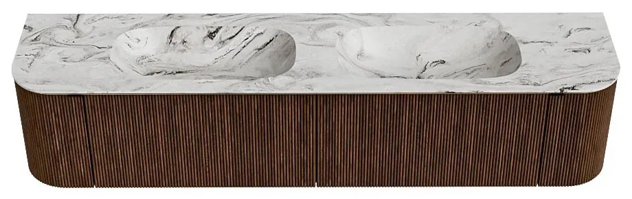 Mondiaz Kurve-dlux 200cm badmeubel ronding links/rechts walnut met 2 lades en deuren en wastafel stor small dubbel 2 kraangaten glace