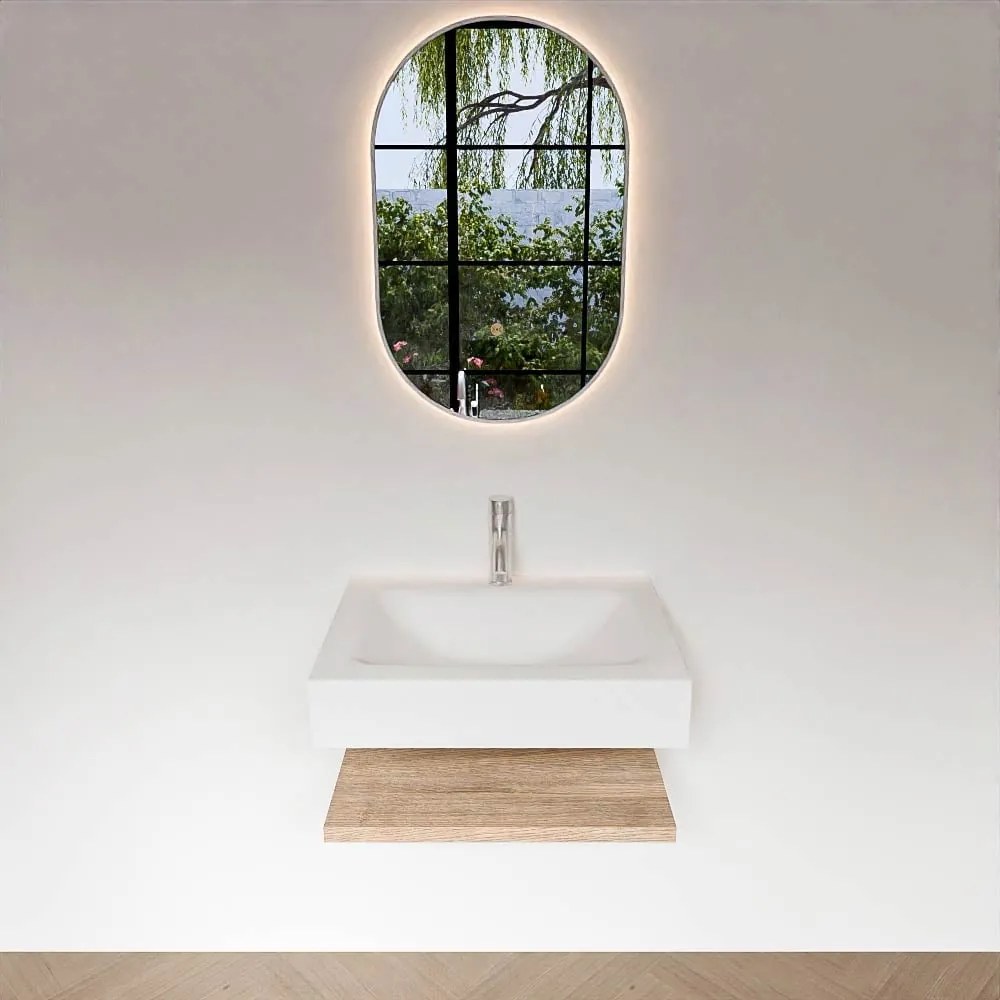 Zaro Alan badmeubel 60cm met planchet washed oak en vrijhangende wastafel cloud midden 1 kraangat talc