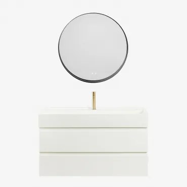 Ona Zwevend Badkamermeubelset Van Hout En Essenfineer Met Geïntegreerde Wastafel Wit & Round Led And Antifog Zwart Ø80 Cm Kimacs & - Sklum