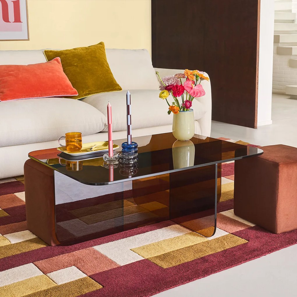 Amber gehard glazen salontafel met 2 stoffen poefs, DELLA