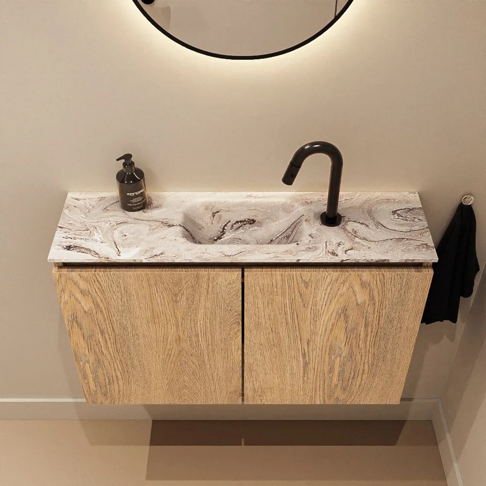 Mondiaz Ture DLux toiletmeubel 80cm washed oak met wastafel glace midden met kraangat