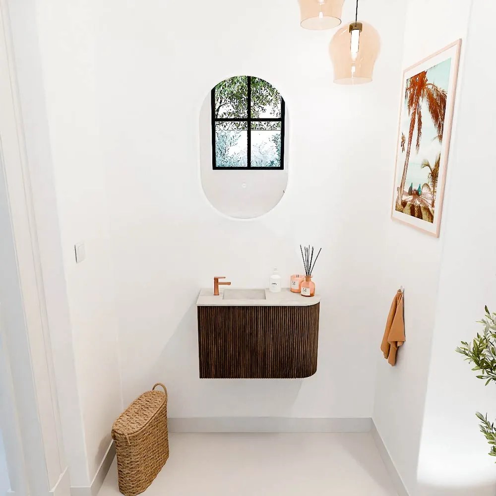 Mondiaz Joya DLux 60cm toiletmeubel ronding rechts walnut met wastafel faye links 1 kraangat ostra