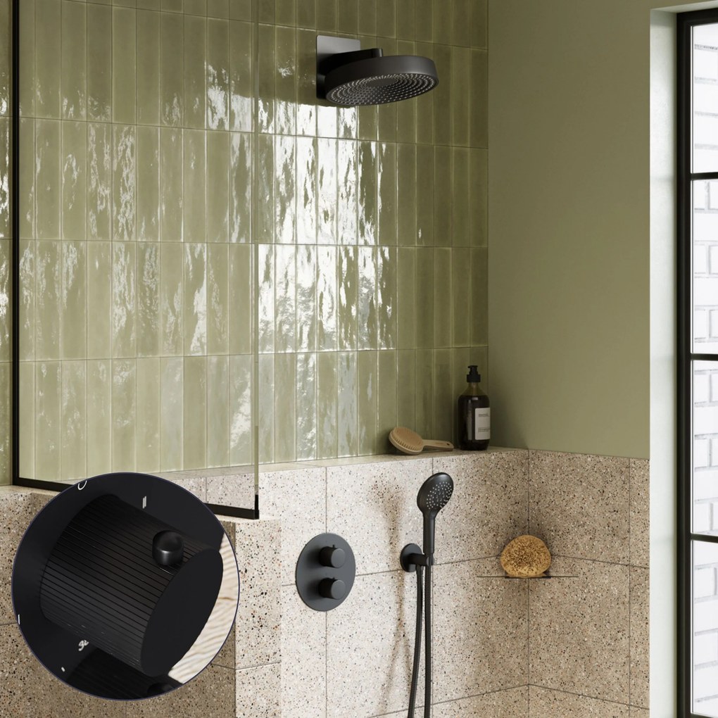Saniclear Evolution Stripes inbouw regendouche rond met 2 standen handdouche zwart mat