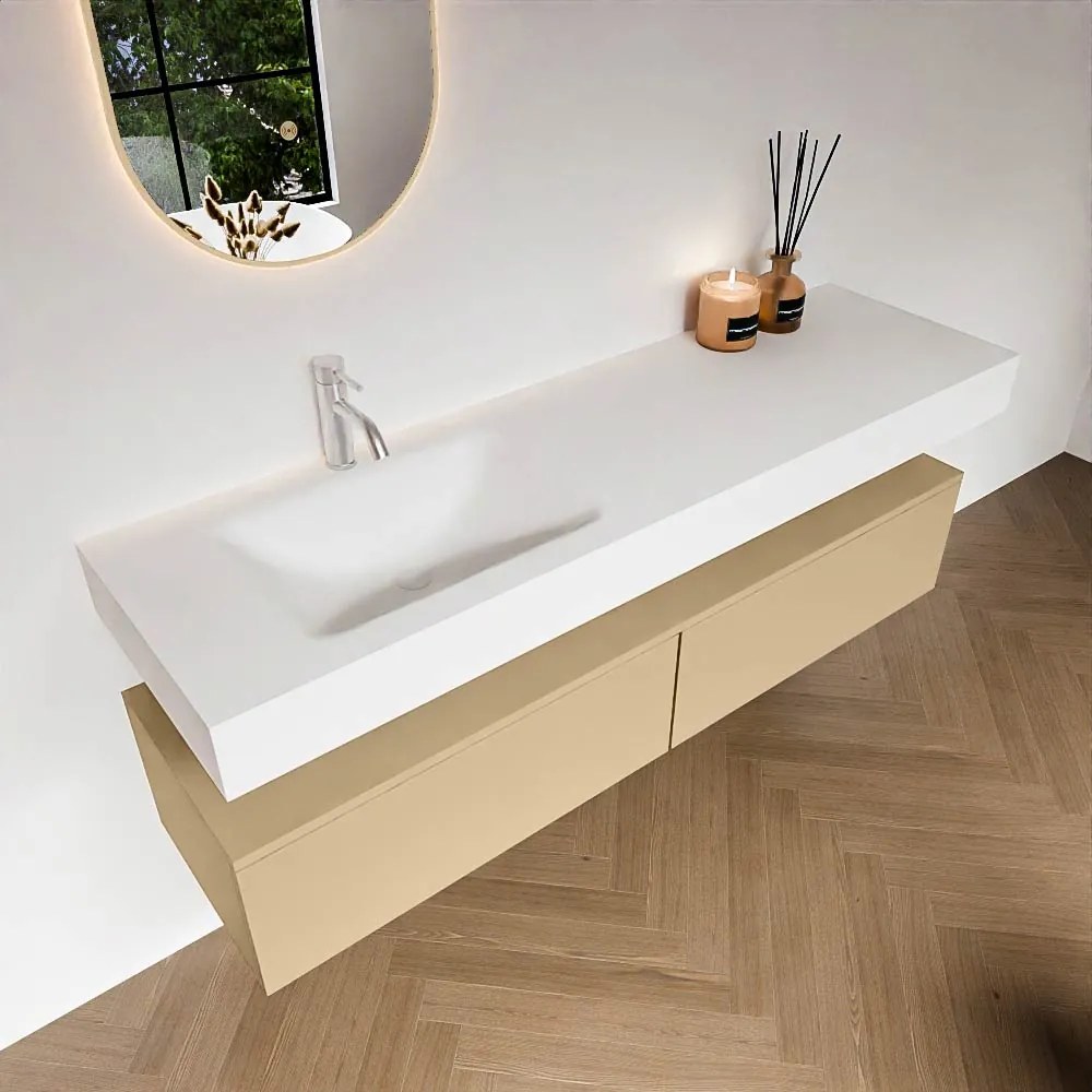 Zaro Alan badmeubel 160cm sand 2 lades met vrijhangende wastafel cloud links 1 kraangat talc