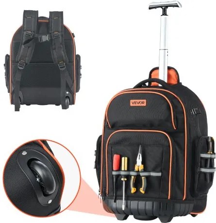 VEVOR Gereedschapsrugzak met wielen, draagvermogen 50 kg, 45 zakken, gereedschapstas, verstelbare telescopische handgreep en stabiele basis, werktas-organizer voor bouw en mechanica, 440 x 250 x 480 mm