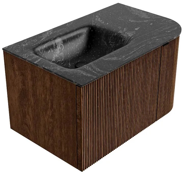 Mondiaz Kurve-dlux 75cm badmeubel ronding rechts walnut met 1 lade en deur en wastafel grunne links zonder kraangat lava