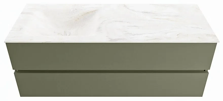 Mondiaz Vica DLux badmeubel 130cm army 2 lades met wastafel ostra links zonder kraangat