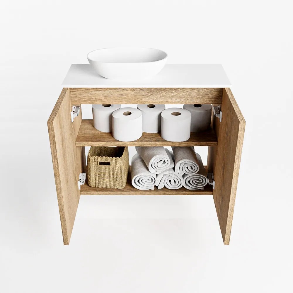 Mondiaz Fowy toiletmeubel 60cm washed oak met witte waskom links en kraangat