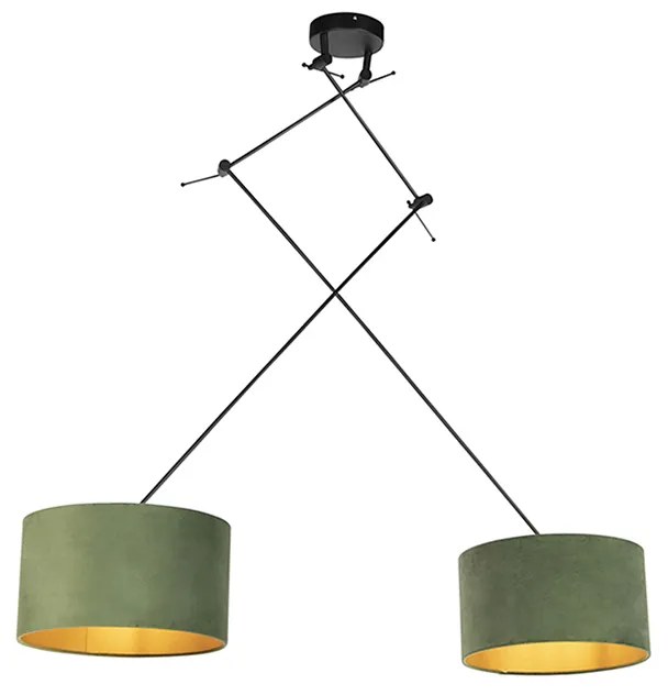 Hanglamp zwart met velours kappen groen met goud 35 cm 2-lichts - Blitz