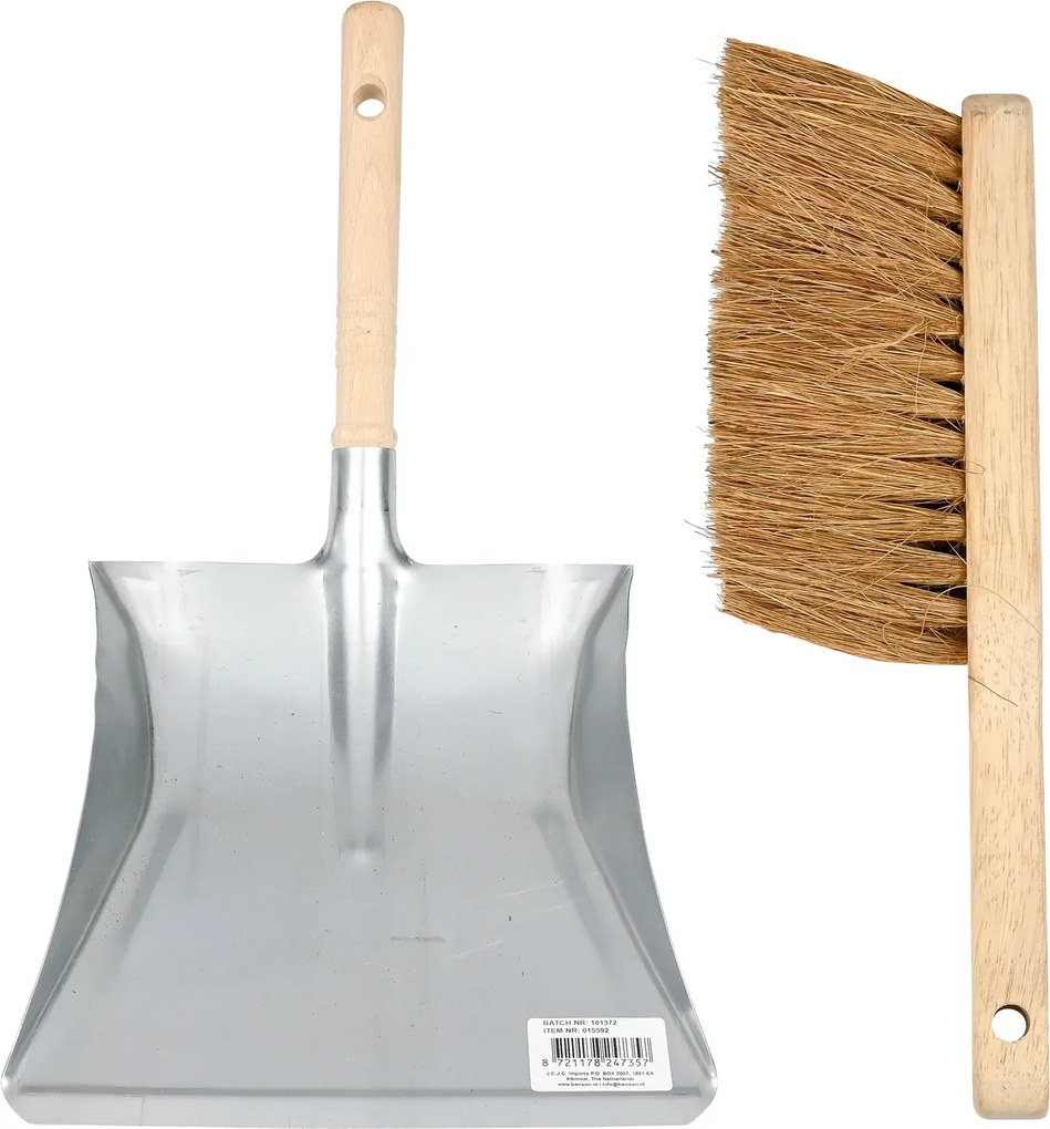 Stofblik verzinkt met houten steel + stoffer kokos