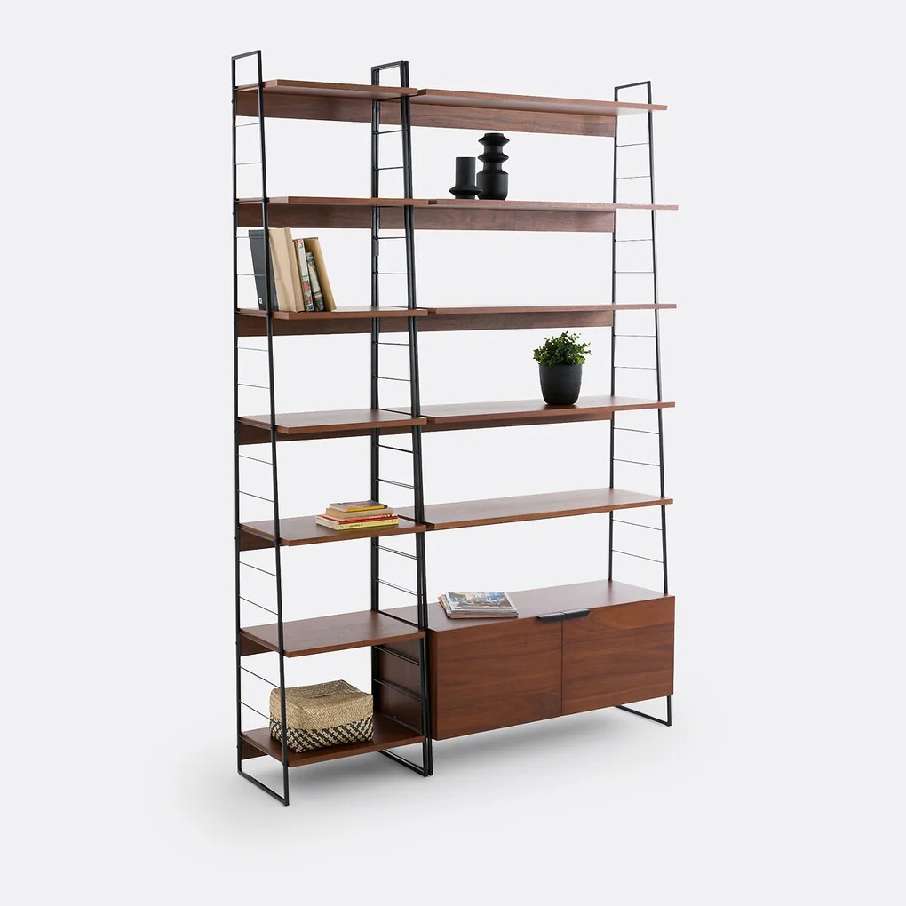 Boekenkast, staal en walnootfineer, 220 cm hoog, WATFORD