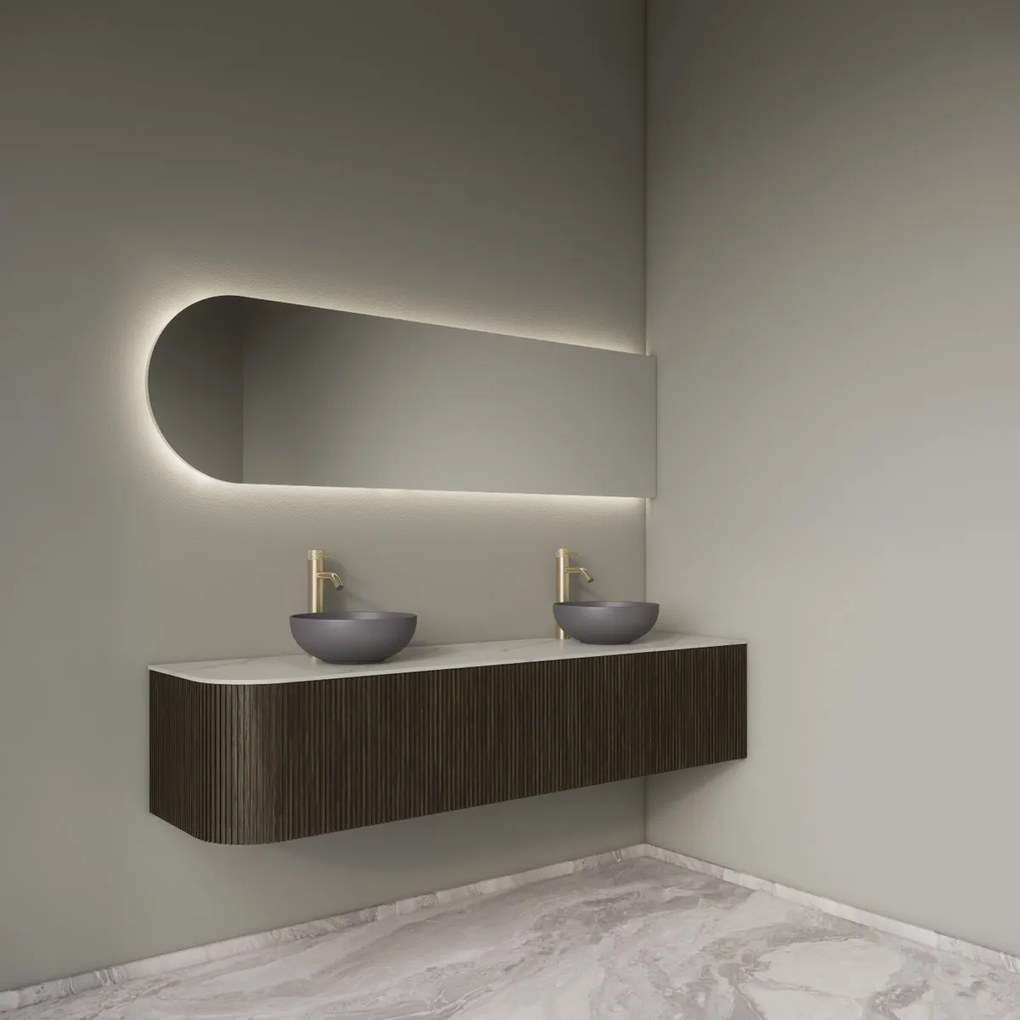 Gliss Design Alluro badmeubel ribbelfront met ronding links 180cm charcoal en wit marmer toppaneel