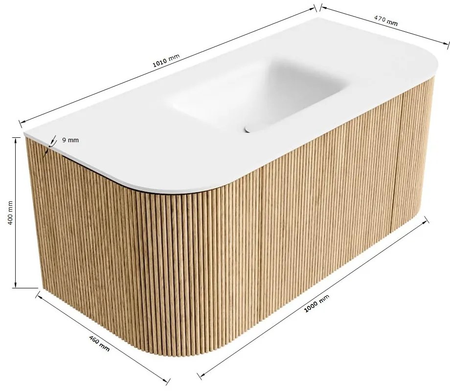 Mondiaz Kurve 100cm badmeubel ronding links/rechts oak met 1 lade en 2 deuren en wastafel grunne midden 1 kraangat