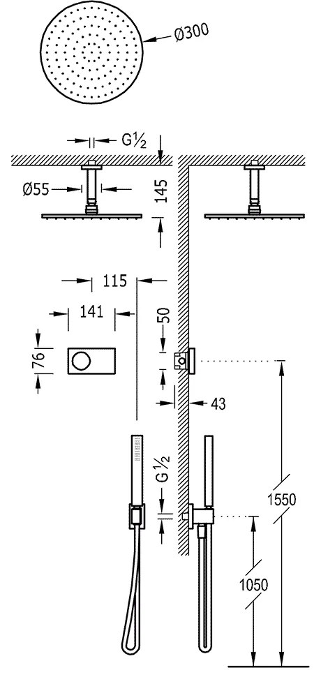 Tres Shower Technology elektronische inbouwthermostaat met regendouche 30cm met plafondarm en handdouche mat zwart