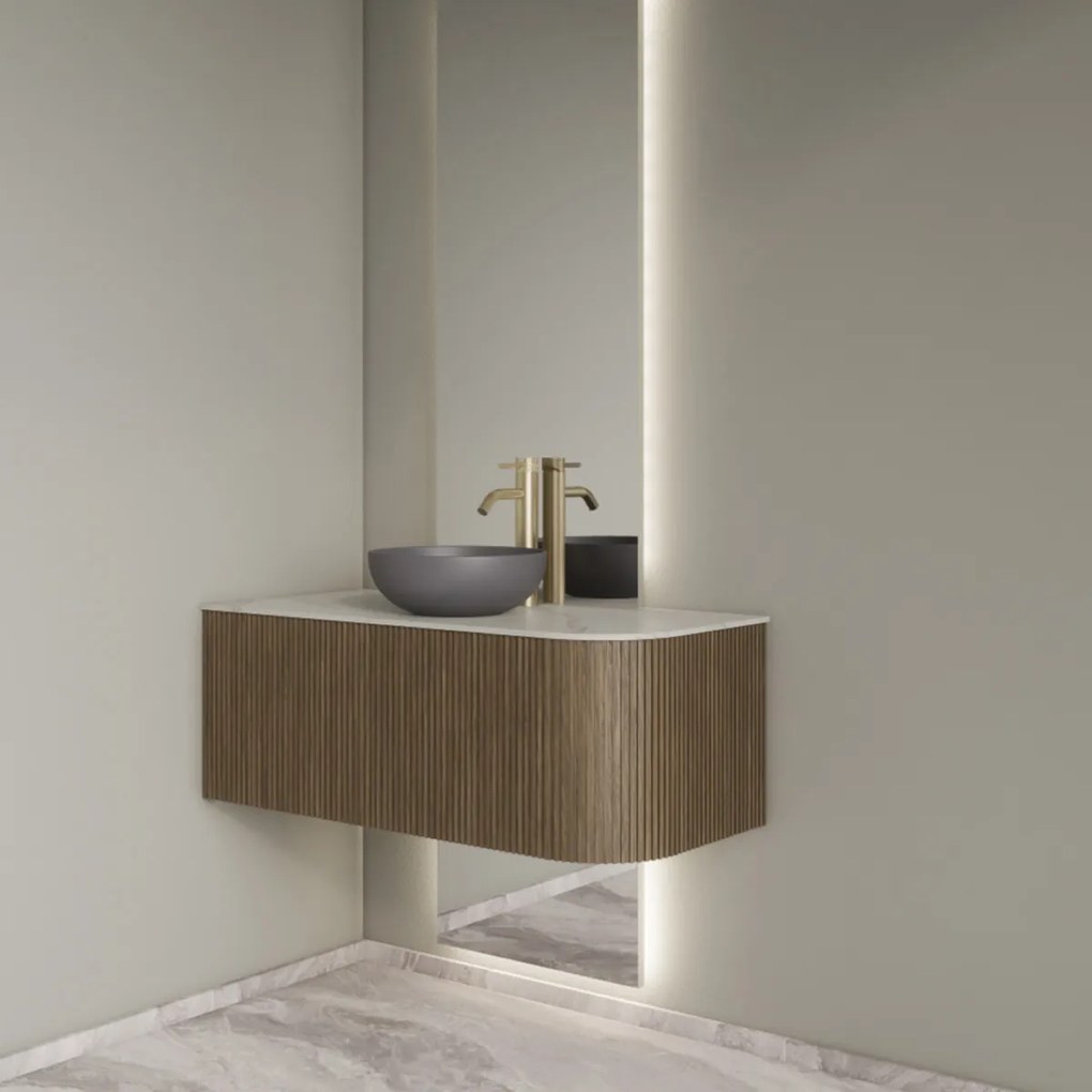 Gliss Design Alluro badmeubel ribbelfront met ronding rechts 100cm ash grey en wit marmer toppaneel