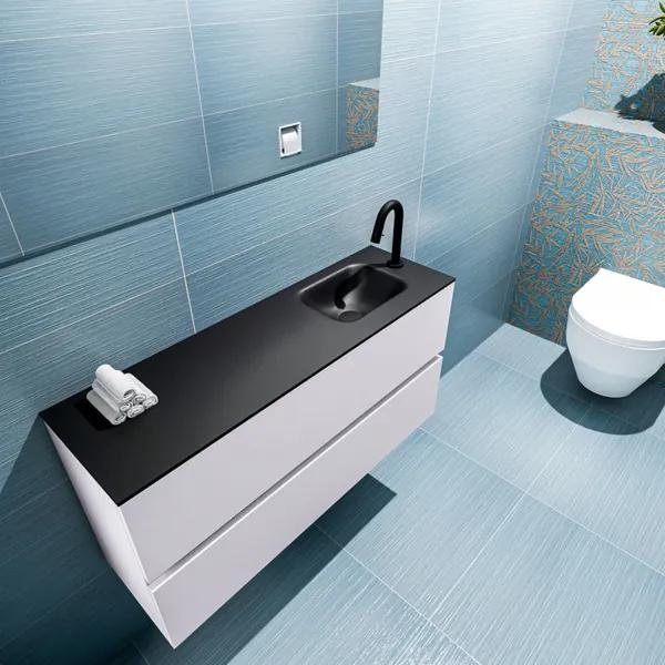 MONDIAZ ADA Toiletmeubel 100x30x50cm met 1 kraangaten 2 lades cale mat Wastafel Lex rechts Solid Surface Zwart FK75342310