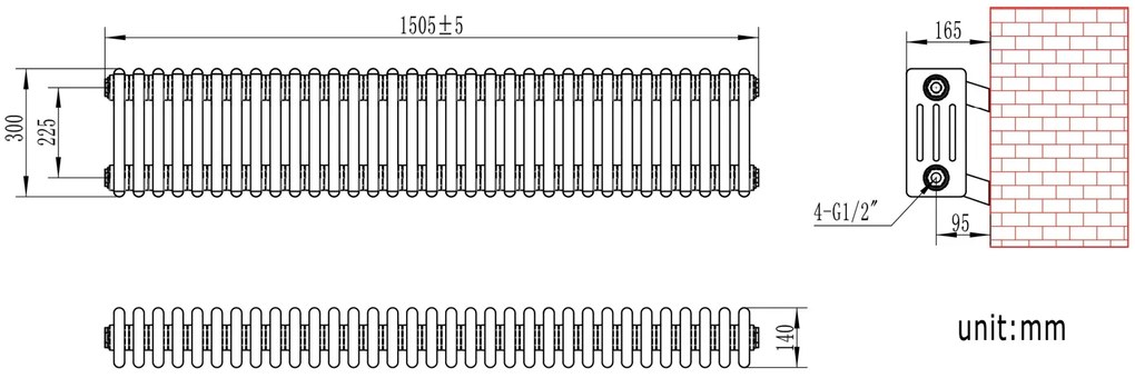 Eastbrook Rivassa 4 koloms radiator 150x30cm staal 1796W antraciet