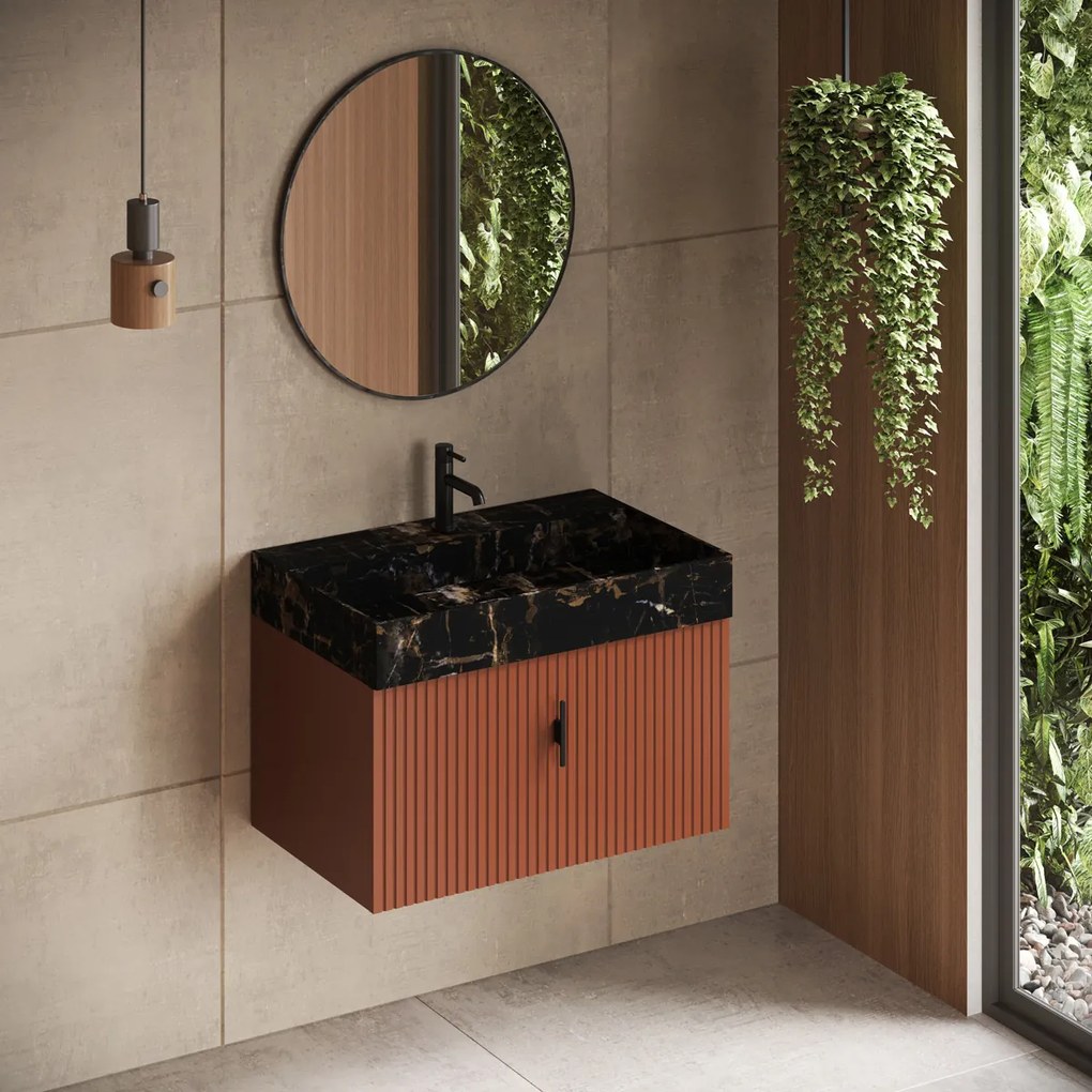 Muebles Zahora badmeubel ribbelfront 80cm terracotta met Portoro Gold wastafel met kraangat